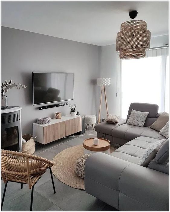 Cozy Minimalist Modern Grey and Beige Living _ TV Room with Rattan Boho Chandelier and Rattan Chair.Turnkey Property fitouts.livingroom.1