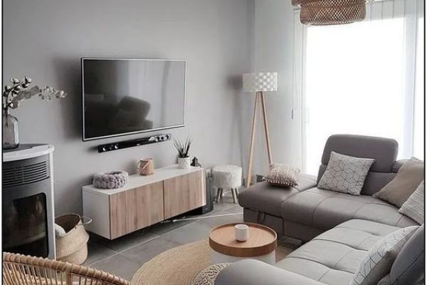 Cozy Minimalist Modern Grey and Beige Living _ TV Room with Rattan Boho Chandelier and Rattan Chair.Turnkey Property fitouts.livingroom.1